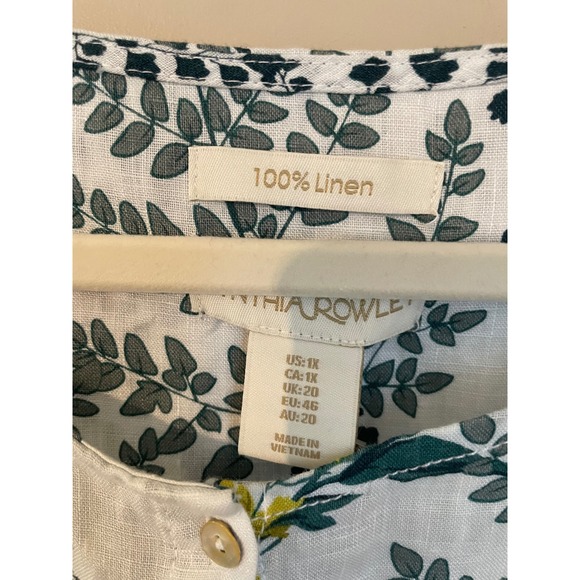 Cynthia Rowley 1X Linen Floral Button Roll Tab Tunic Top White Green Yellow - Picture 4 of 8